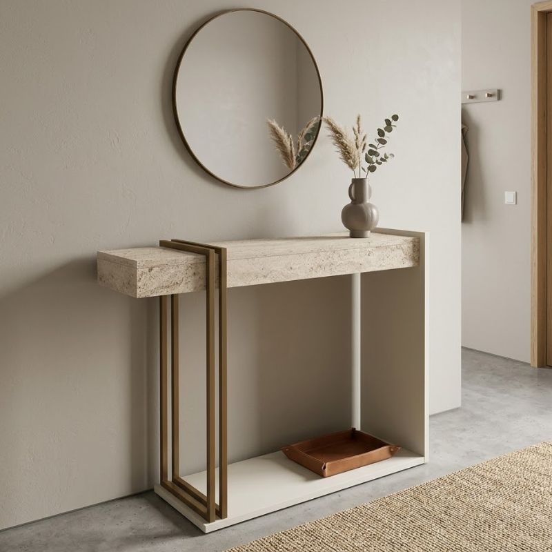 Κονσόλα Desca Megapap χρώμα travertine - sandstone - χρυσό 91,8x29,6x74,2εκ.