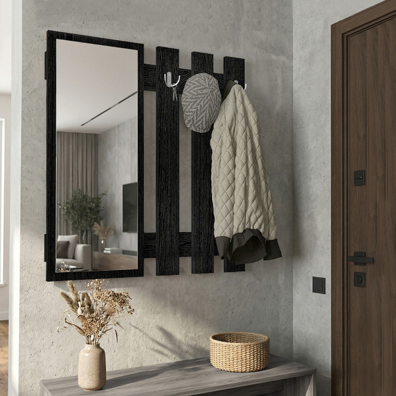 Κρεμάστρα τοίχου με καθρέπτη Folin Megapap χρώμα sencron black 90x4x90εκ.