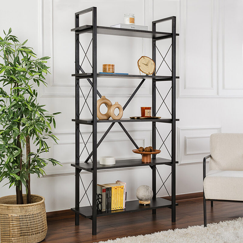 Βιβλιοθήκη Elysian Megapap χρώμα black wood 90x33,5x180εκ.