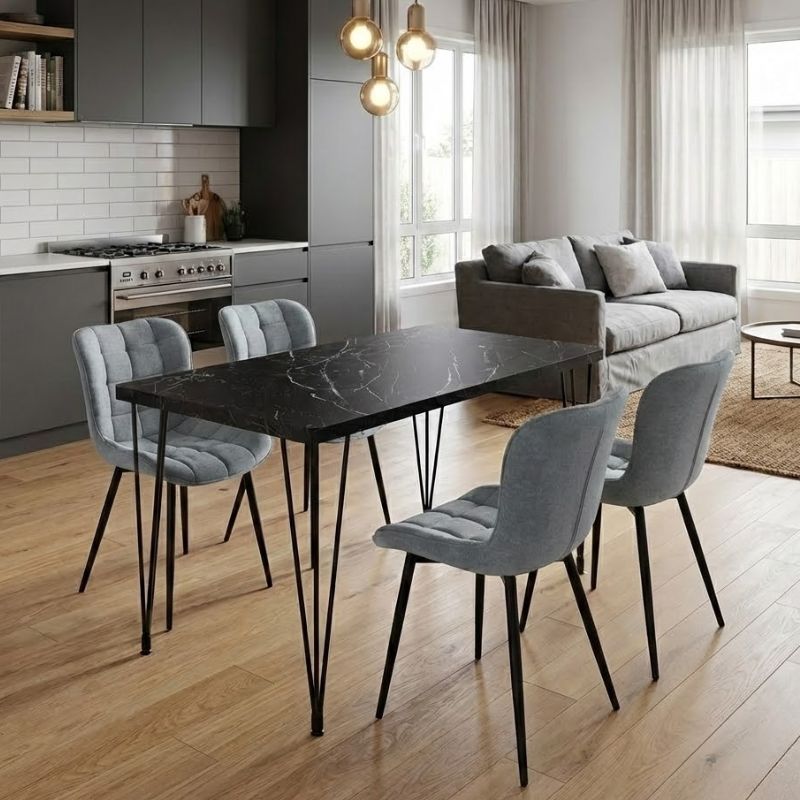 Σετ τραπεζαρία 5τμχ Roger - Chiara Megapap Mdf - ύφασμα χρώμα μαύρο εφέ μαρμάρου - γκρι 120x70x75εκ.